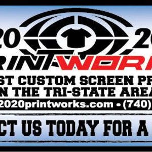 May include: A blue and white graphic with the text "2020 PRINTWORKS" in red and black. The text "THE BEST CUSTOM SCREEN PRINTING IN THE TRI-STATE AREA" is below the logo. The text "contact@2020printworks.com (740) 346-8460" is below the text. The text "CONTACT US TODAY FOR A QUOTE!" is at the bottom of the graphic.