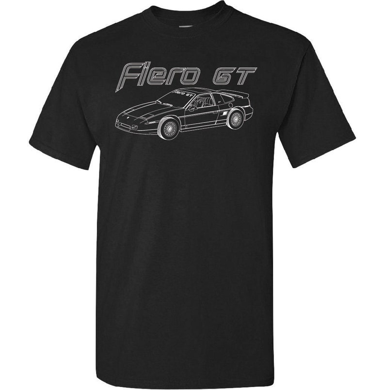 May include: Black t-shirt with a white outline of a Fiero GT car and the text "Fiero GT" in white.