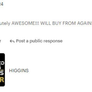 May include: Five star review for a custom screen printed transfer business. The review reads "Awesome! Absolutely AWESOME!!! WILL BUY FROM AGAIN! Thank you Chris!!" and is dated February 16, 2024. The business logo features the text "CUSTOM SCREEN PRINTED TRANSFERS METALLIC INKS GOLD/SILVER" in black and gold text on a black background.