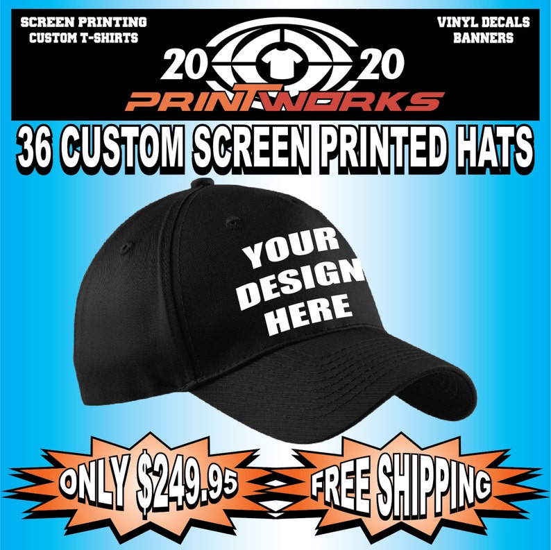 36 Custom Screen Printed Hats - Your Text Design or Logo On A Ha 36 Custom Screen Printed Hats - Your Text Design or Logo On A Ha