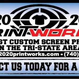 May include: A blue and white logo with the text "2020 PRINTWORKS" in red and black. The logo also includes a black target with a white t-shirt in the center. The text "THE BEST CUSTOM SCREEN PRINTING IN THE TRI-STATE AREA" is below the logo. The text "contact@2020printworks.com (740) 346-8460" is below the text. The text "CONTACT US TODAY FOR A QUOTE!" is at the bottom of the logo.