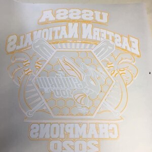 K&ouml;nnte beinhalten: Wei&szlig;er Text auf gelbem Hintergrund lautet "Eastern National 2020 Champions". Eine wei&szlig;e Biene mit Fl&uuml;geln befindet sich in der Mitte eines Sechsecks mit einem Wabenmuster. Die Biene h&auml;lt in jeder Hand einen Baseballschl&auml;ger. An beiden Seiten des Sechsecks befinden sich Palmen.
