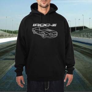 Camaro IROC Muscle Car Sports Car Drag Racing Chevy Small Block Horsepower V8 Engine Custom Screen Printed Hooded Sweatshirt Hoodie