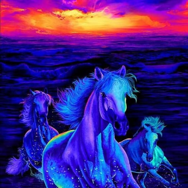 Timeless Treasures - Midnight Run - CD1428 - Midnight Run Panel - Chong-A Hwang - Horses - Sunset - Blue - Panel - One More Yard