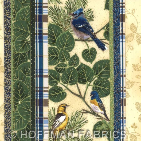 Hoffman - Aspen Creek - L7288-33G - Leaves - Stripe - Metallic - Gold - Winter - Birds - Plaid - One More Yard - Holiday