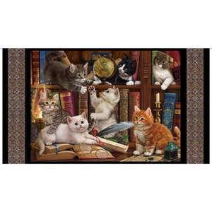 Quilting Treasures - Literary Kitties - 28235-J - Panel - Image World - Kittens - Cats - Animals - Pets - Books  - One More Yard