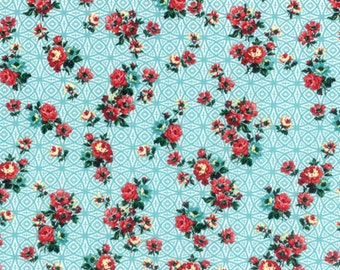 Hoffman - Bohemia - Fringe Studios - Nasturtium -L3357-469 - Aqua - Floral - Red Flowers - One More Yard