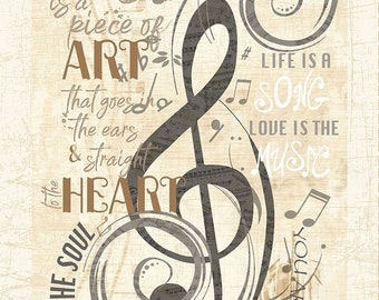Timeless Treasures - Sonata - CM3090 - Music Notes - Panel - Beige - Music - Words - Clef - One More Yard