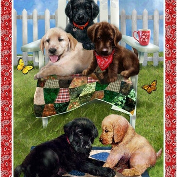 Henry Glass - Pups in the Garden - 9341P-88 - Banner Panel - Bob Giordano - Panel - Spring - Summer - Dogs - Puppies - Pets - One More Yard