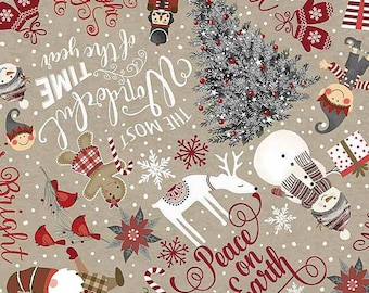 Timeless Treasures - Let It Snow - CD1460 - Christmas Words And Snowmen - Snowmen - Words - Accent - Blender - Winter - Taupe - Gail Cadden