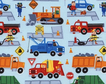Timeless Treasures - Traffic Jam Trucks - C3276-Sky - Dig It - Trucks - Summer - Novelty - Juvenile - Children - One More Yard