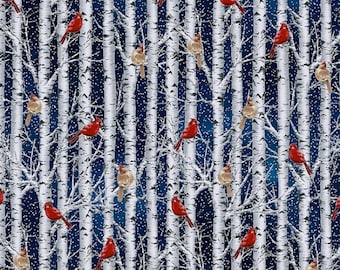 Hoffman - Whispering Woods - V7160-19S - Cardinals - Holiday - Winter - Silver - Metallic - Accent - Blender - Birds - Trees - Birch Trees