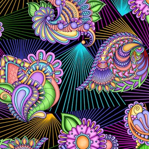 Quilting Treasures - Festival - 28028-J - Floral Paisley Prism - Debi Payne - Geometric - Vivid Color - Black - Paisley - Accent- Blender