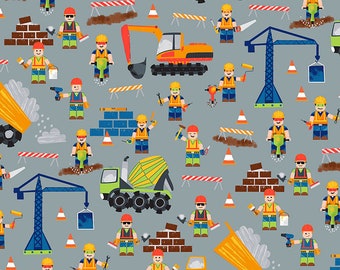 Timeless Treasures - Construction Workers - C6113-Grey - Workers - Dig It - Trucks - Summer - Novelty - Juvenile - Children - One More Yard