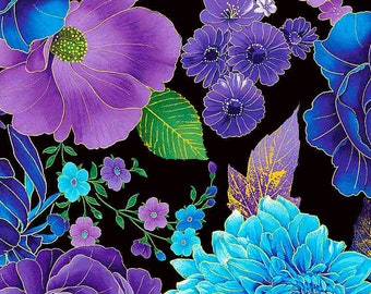 Timeless Treasures - Utopia - CM1020 - Blue Metallic Floral - Chong-A Hwang - Floral - Accent - Blender - Metallic - Gold - One More Yard