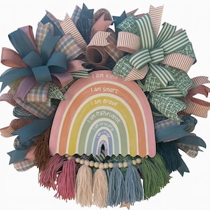Boho Rainbow Affirmation Wreath, Positive Door Decor, Colorful Pastel Handmade Wreath, Kids Room Wall Hanging, Nursery Boho Door Decoration