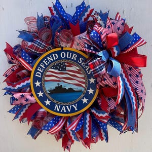 Navy wreath, patriotic wreath, defend our seas, military door decor, USA wreath, veteran gift, red white blue wreath, Memorial wreath