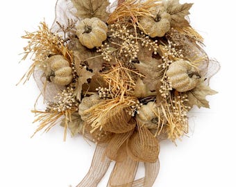 Neutral Pumpkin Wreath, Beige Farmhouse Autumn Door Decor, Rustic Harvest Thanksgiving Porch Decoration