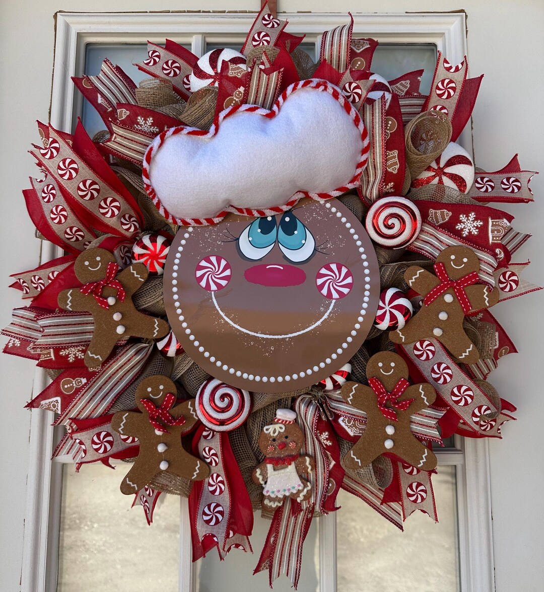 Gingerbread Chef Christmas Wreath, Candy Cane Peppermint Door Decor ...