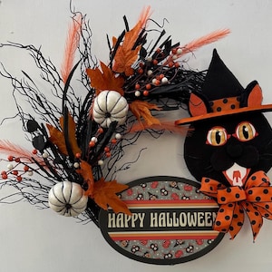 Halloween black cat Wreath, Halloween Front Door Wreath, Black Cat Wreath, Halloween Cat, Cat Wreath, Kitty Halloween Wreath, Black Cat