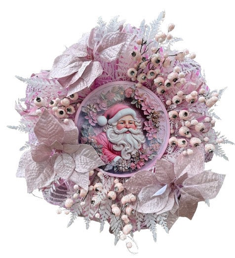 Pink Santa Christmas Wreath, Handmade Holiday Decor, Santa Wreath With ...