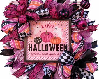 Pink Halloween Wreath, Whimsical Ghost Pumpkin Door Decor