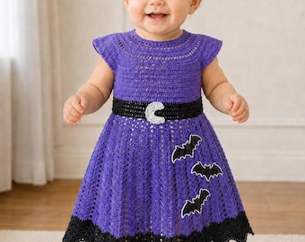 Crochet Baby Dress Pattern, Bats in the Moonlight Halloween Dress, PDF Digital Download, 6–18 Months