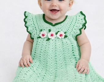 PDF Pattern: Crochet Baby Dress Pattern, Ruffle Sleeve, Floral Applique (PDF Pattern)
