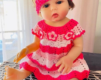 Hot Pink, Light Pink n White Crocheted Baby Dress