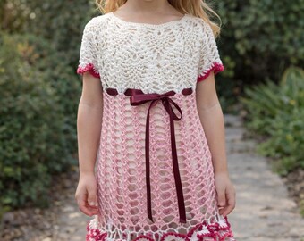 Handmade Crochet Girl Dress - Pink Ruffle Skirt, Red Satin Ribbon (2-4 Years)