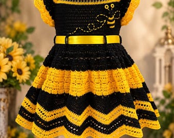 Black & Yellow Crochet Bee Dress, Handmade Little Girl Dress, Halloween Bumblebee Dress, BOOO-Bee Dress, 3–6 Months