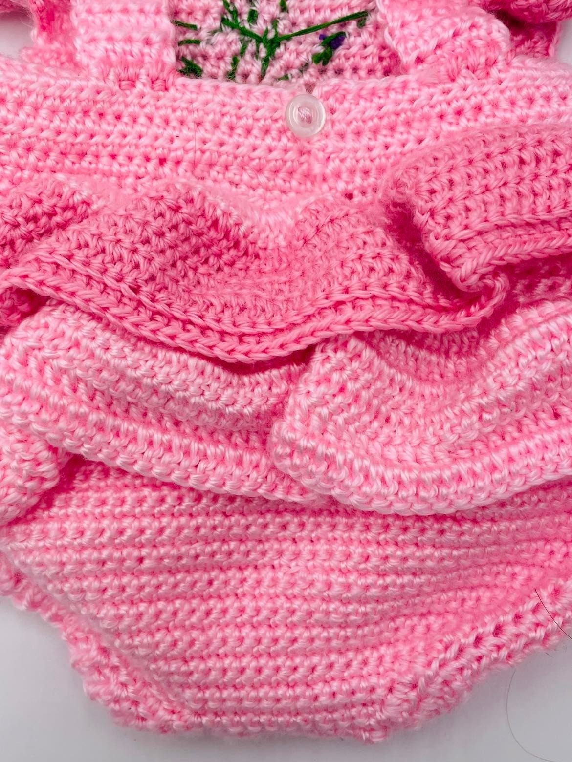 Pink Crochet Ruffles Pink Ruffles Handmade Crocheted Baby Romper W/handstitched Flowerpot - Etsy