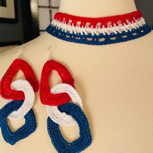 Patriotic Red White Blue Crochet Necklace and Earrings Set Handmade Cotton Thread Jewelry Gift for Women 4th of July Accessory