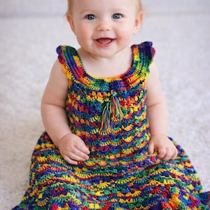 Rainbow Baby Dress Crochet Pattern PDF, Variegated Yarn Shell Stitch Dress with Tassels, Digital Baby Girl Dress Tutorial Download
