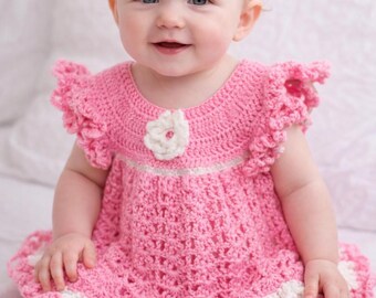 PDF Pattern: Crochet Baby Dress Pattern PDF, Ruffle Hem, Floral Accent (Digital Download)