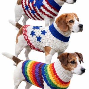Patrón de suéter de crochet 3 en 1 para perro (PDF), estilos patrióticos, estadounidenses y LGBTQ, diseño de atuendo para mascota, descarga instantánea