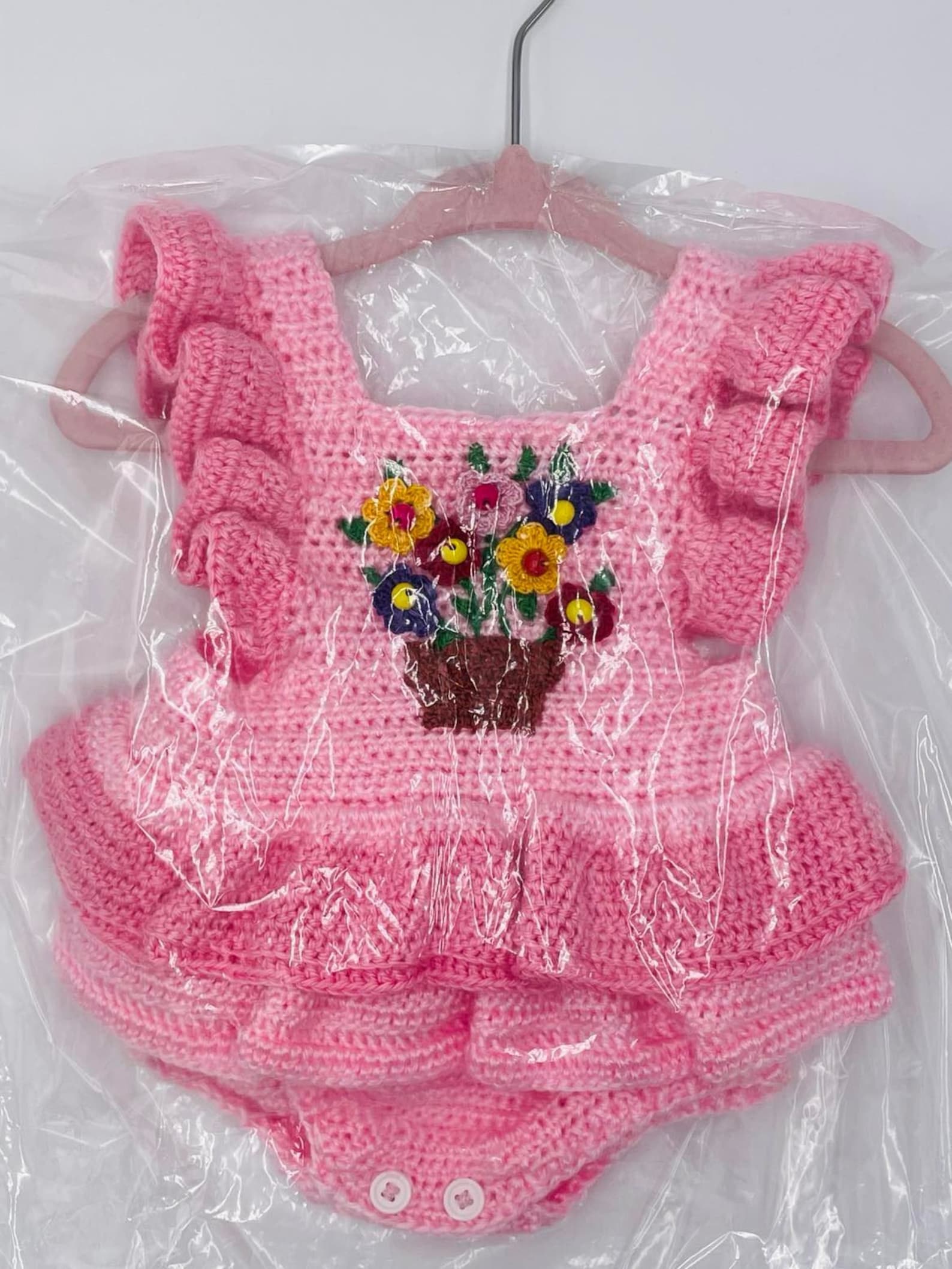 Pink Crochet Ruffles Pink Ruffles Handmade Crocheted Baby Romper W/handstitched Flowerpot - Etsy