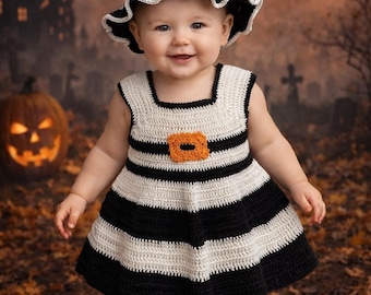 Crochet Baby Witch Costume: Striped Dress & Hat, Newborn Halloween Photo Prop