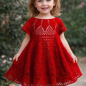 Modèle de robe au crochet rouge PDF pour filles taille 5, robe de soirée élégante faite main, téléchargement immédiat avec photos et instructions