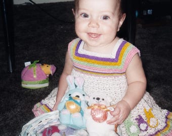 Hand-Crocheted Easter Bunny Baby Dress – Pastel Spring Heirloom Outfit