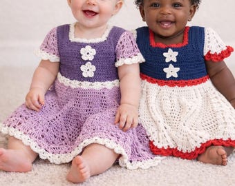 Handmade Crochet Baby Dress, Patriotic Stars or Purple Flowers