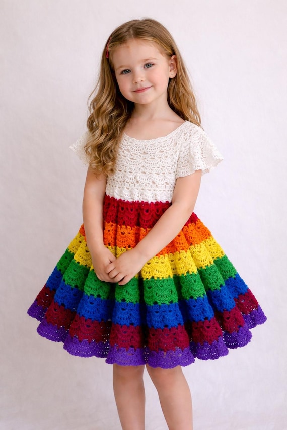 Handmade Crochet Rainbow Toddler Dress - White Lace Bodice, 12-24 Months Handmade Crochet Rainbow Toddler Dress - White Lace Bodice, 12-24 Months