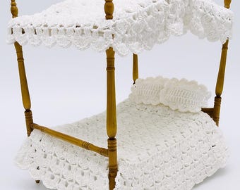 1:12 Scale Handmade Crochet Bedding Set with Pillows and Optional Canopy, Dollhouse Miniature Bedspread in Solid Colors