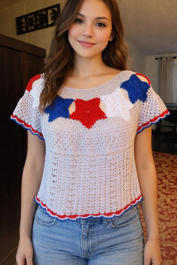 Patriotic Star Tunic Crochet Pattern PDF, 4th of July Red White Blue Top, Easy Digital Summer Blouse Tutorial for Women Download