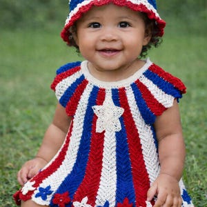 PDF-Anleitung: Häkelanleitung für ein Babykleid, patriotisches Muster mit roten, weißen und blauen Sternen, 3-6 Monate (PDF-Download)