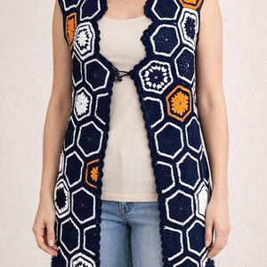Hexagon Granny Vest Crochet Pattern PDF, Boho Long Sleeveless Sweater, Easy Women's Crochet Vest Digital Download Tutorial
