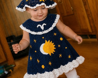 Celestial Dream Crochet Baby Dress & Matching Sunhat | Optional Zodiac Personalization | Handmade 3–6 Months