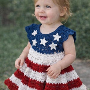American Baby Dress Crochet Pattern, Red White Blue Stars Outfit (PDF Download)