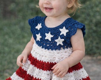 American Baby Dress Crochet Pattern, Red White Blue Stars Outfit (PDF Download)