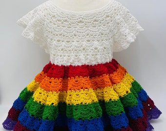 Rainbow Girl Crocheted Baby Dress Pattern (Size 12 - 24 Mos)